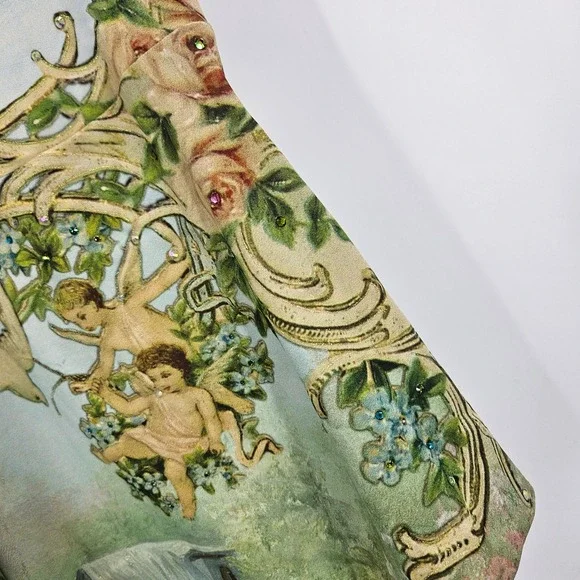 Y2K Michal Negrin Tank Top Green Blue Angels Floral Brocade Rhinestone V-neck S - Picture 6 of 10